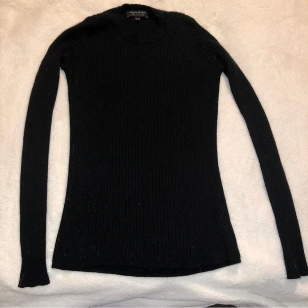 Banana Republic Sweater Black Crew Neck Merino Wool Scallop Size XS